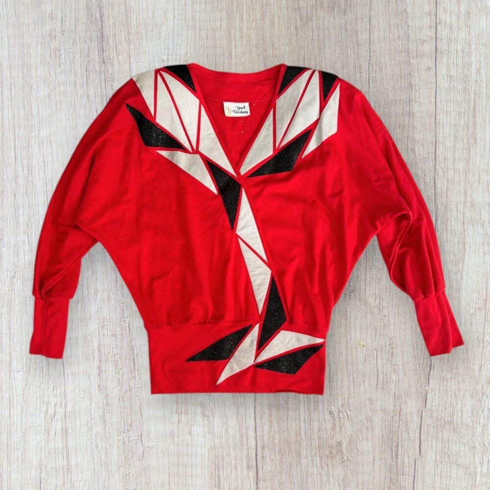 Yael Barbay 80s Avant Garde Red Geometric Appliqué Blouson Power Top USA Size M